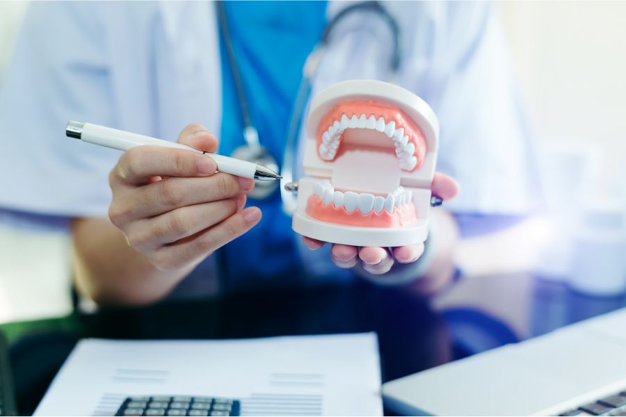 Image of a dentist pointing to a synthetic diagram of a mouth and teeth at the dental office