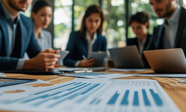 Photo of some business employees working around a desk with documents on the desk