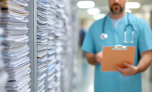 A medical staff worker walking past large stacks of documents