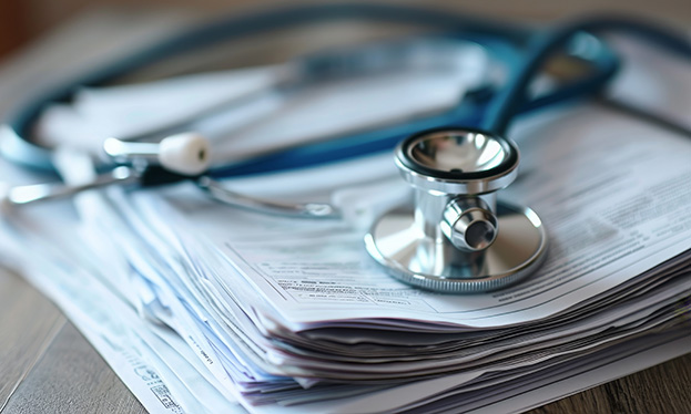 Photo of a doctor's stethoscope on a stack of medical documents