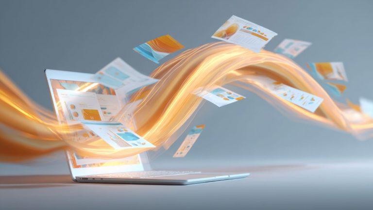 Laptop with flying documents